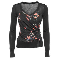 Dolce & Gabbana Black Floral Print Knit Draped Long Sleeve Top S