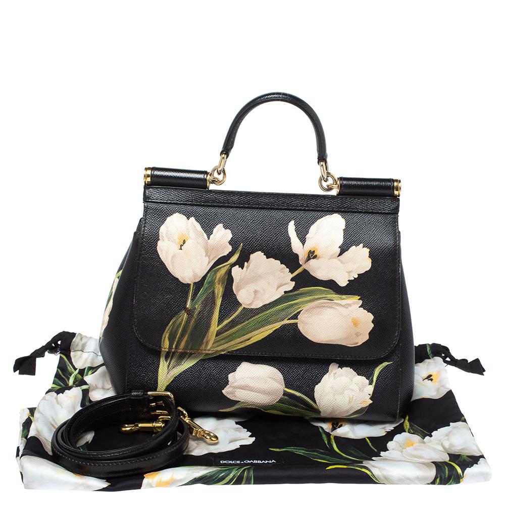 Dolce & Gabbana Black Floral Print Leather Medium Sicily Top Handle Bag 4