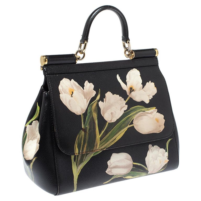 Dolce and Gabbana Black Floral Print Leather Medium Sicily Top Handle Bag  at 1stDibs