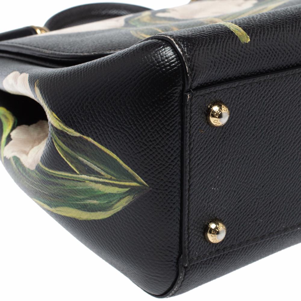 Dolce & Gabbana Schwarz Floral Print Leder Medium Sicily Top Handle Bag 3