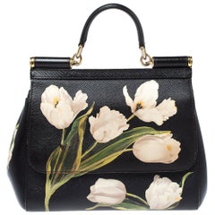 Dolce & Gabbana Black Floral Print Leather Medium Sicily Top Handle Bag