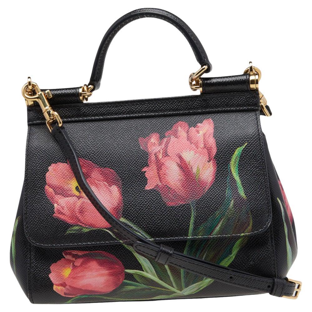 Dolce & Gabbana Black Floral Print Leather Miss Sicily Top Handle Bag