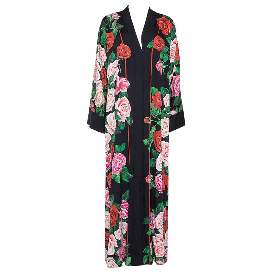 Dolce & Gabbana Black Floral Print Silk Button Front Abaya M