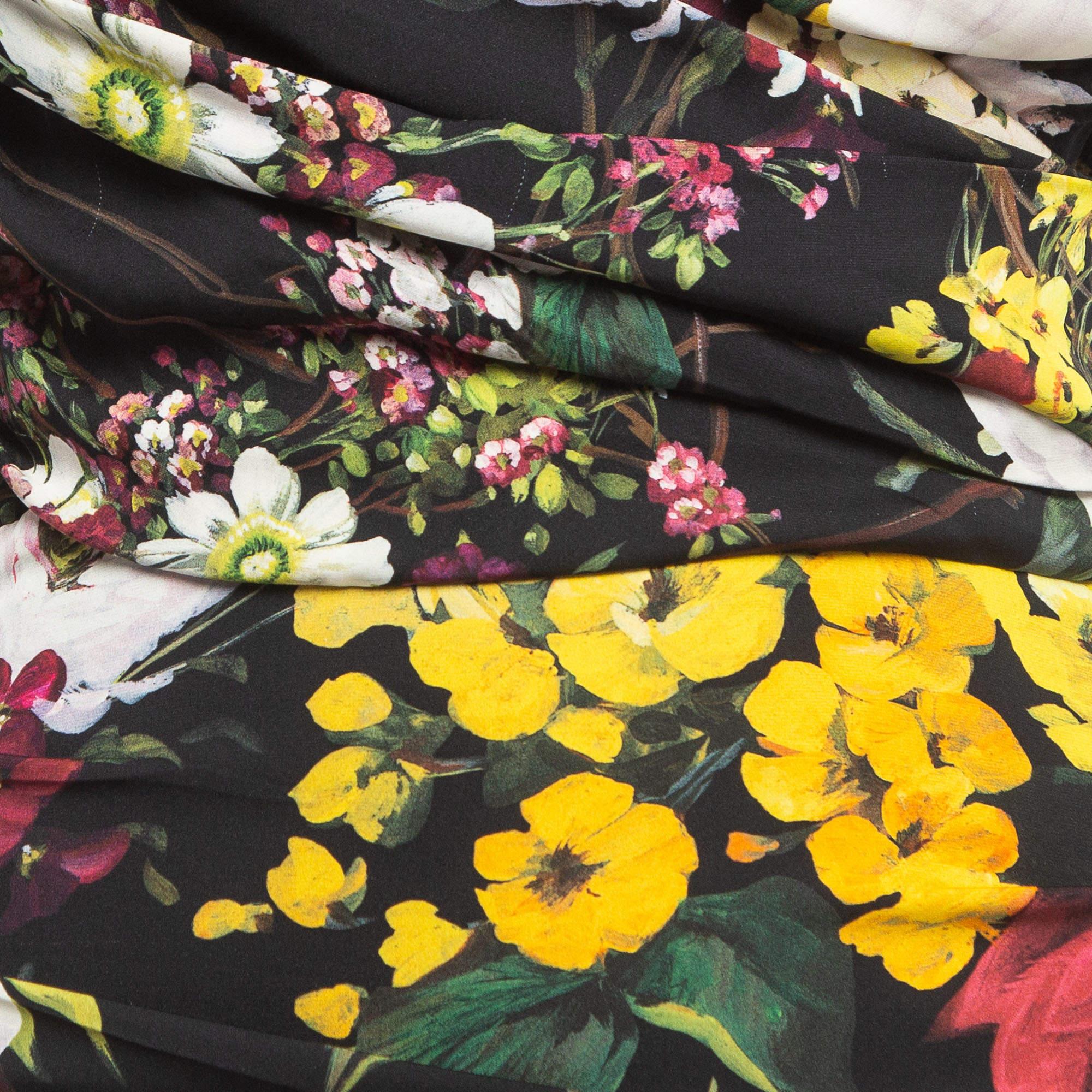 Women's Dolce & Gabbana Black Floral Print Silk Cold Shoulder Ruched Midi Dress M For Sale