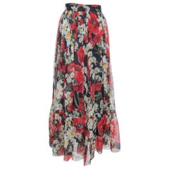 Dolce & Gabbana Black Floral Print Silk Gathered Maxi Skirt L