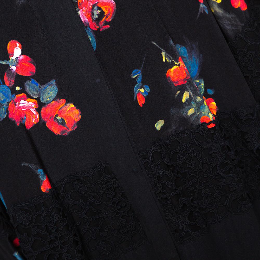 Dolce & Gabbana Black Floral Print Silk Lace Trim Abaya S 1