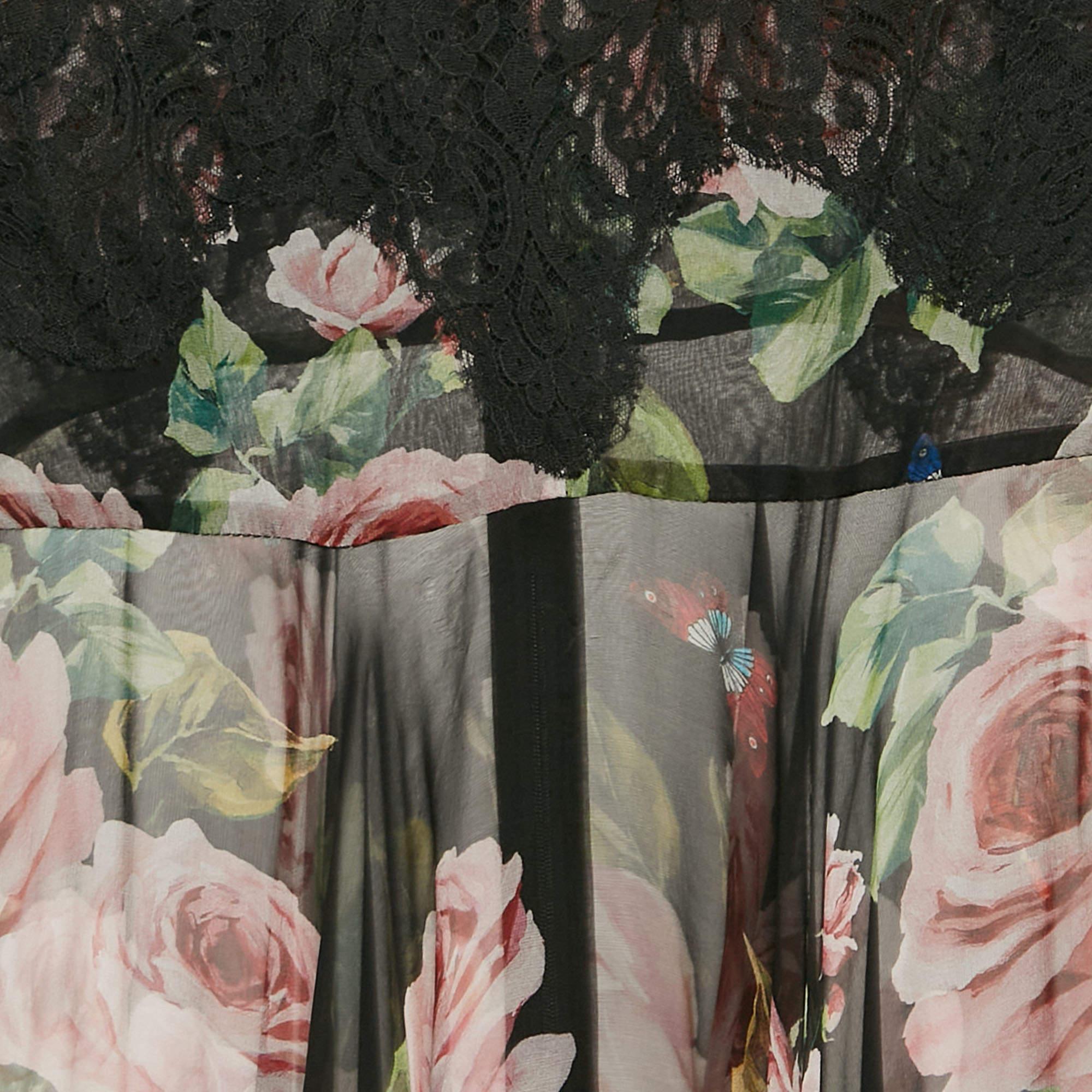 Dolce & Gabbana Vestido íntimo de seda con estampado floral negro y ribete de encaje XS Negro en venta