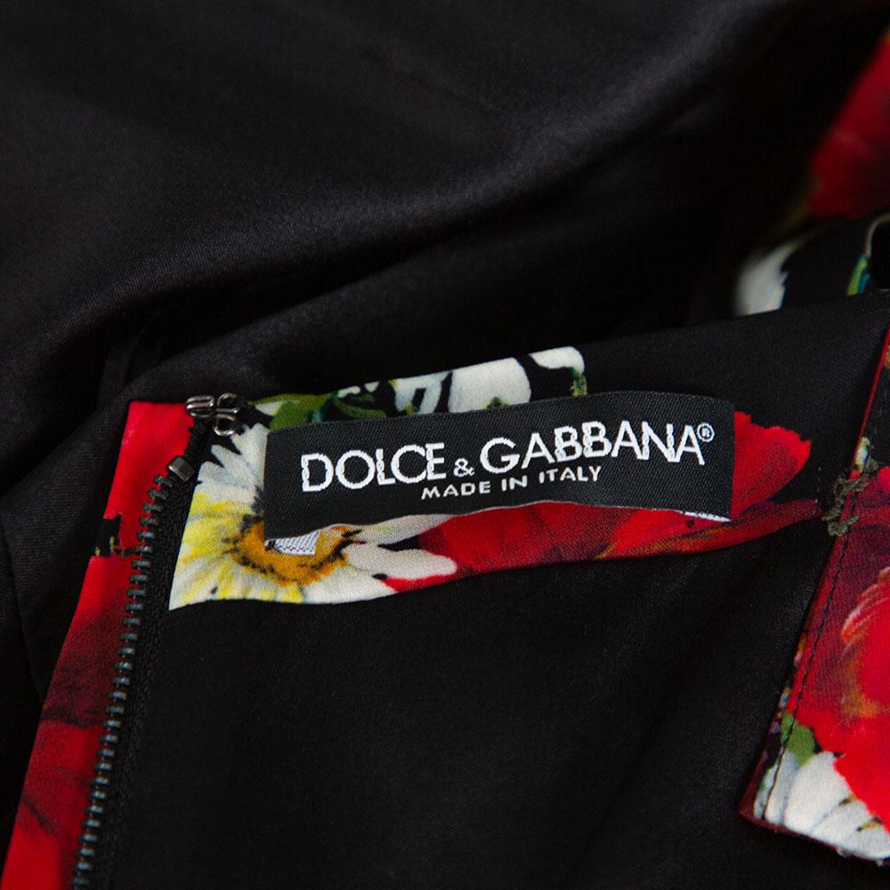 Beige Dolce & Gabbana Black Floral Print Silk Ruched Dress S