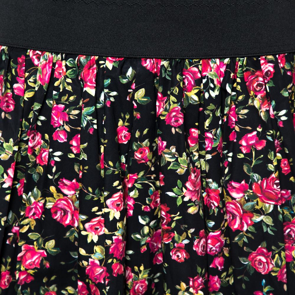 Women's Dolce & Gabbana Black Floral Printed Cotton Flared Skirt M