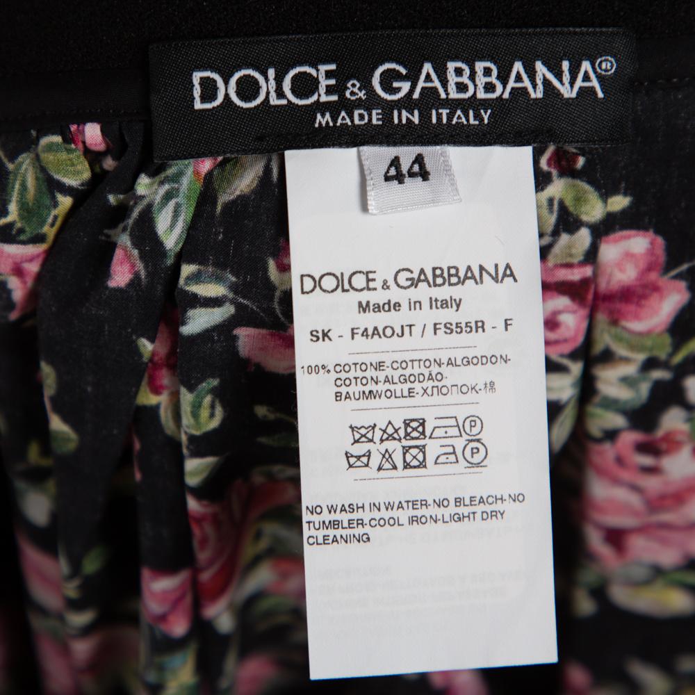 Dolce & Gabbana Black Floral Printed Cotton Flared Skirt M 1