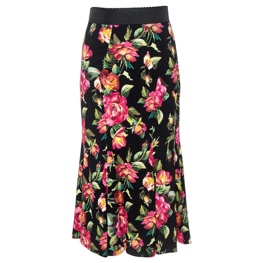 Dolce & Gabbana Black Floral Printed Cotton Flared Skirt S