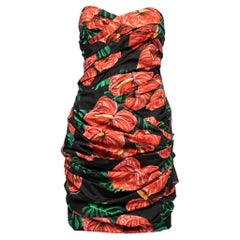Dolce 
Gabbana Black Floral Printed Cotton Ruched Mini Dress L