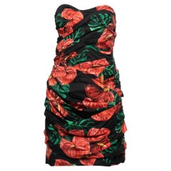Dolce & Gabbana Black Floral Printed Cotton Ruched Strapless Dress L