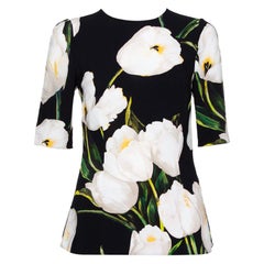 Dolce 
Gabbana Black Floral Printed Crepe Three Quarter Sleeve Top S