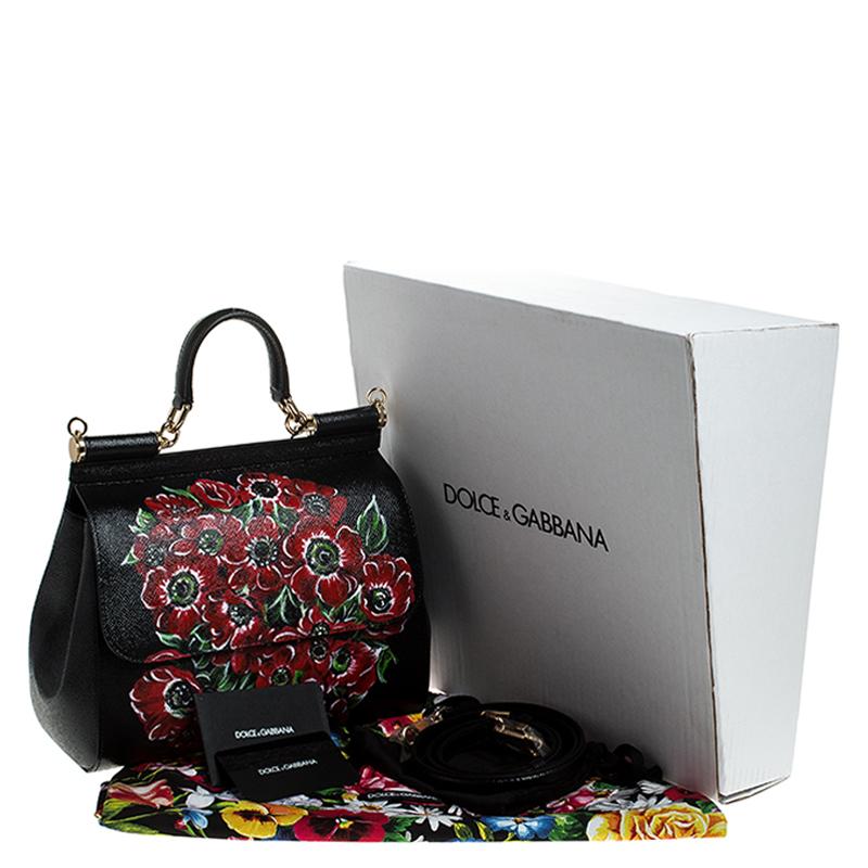 Dolce & Gabbana Black Floral Printed Leather Medium Miss Sicily Top Handle Bag 7