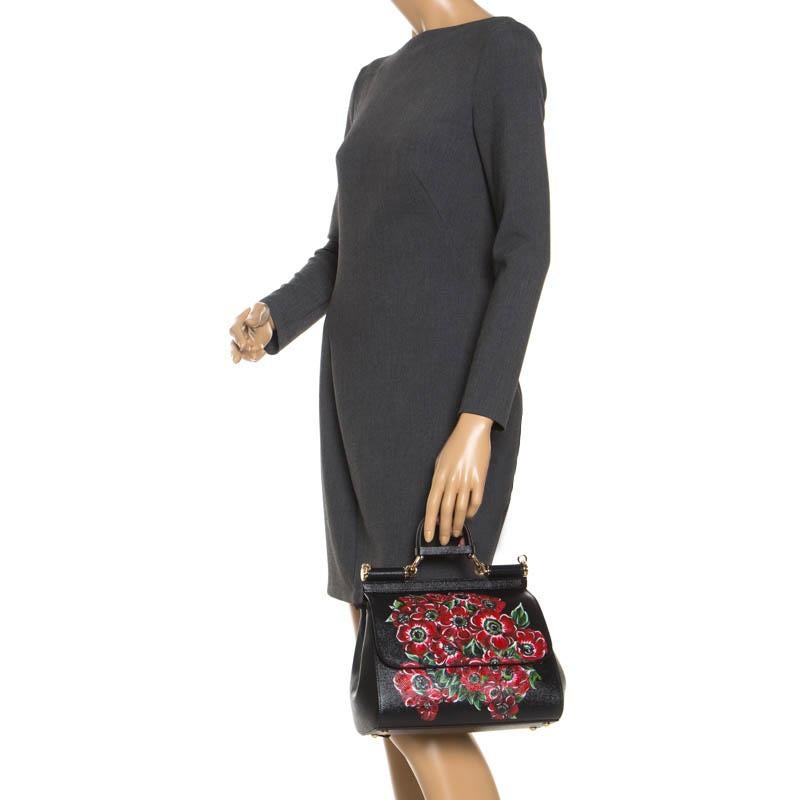 Dolce & Gabbana Black Floral Printed Leather Medium Miss Sicily Top Handle Bag In New Condition In Dubai, Al Qouz 2