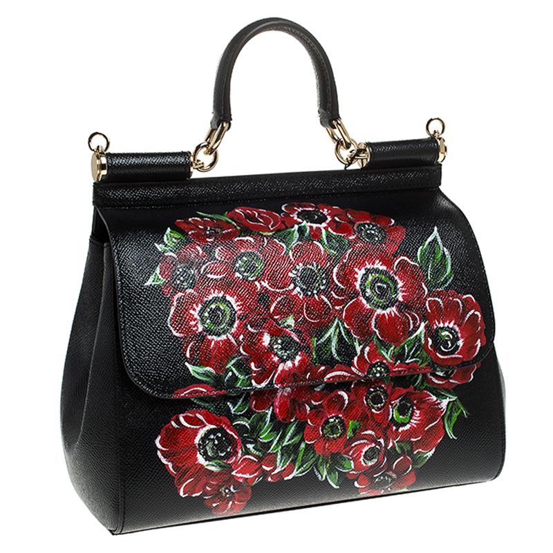 Women's Dolce & Gabbana Black Floral Printed Leather Medium Miss Sicily Top Handle Bag