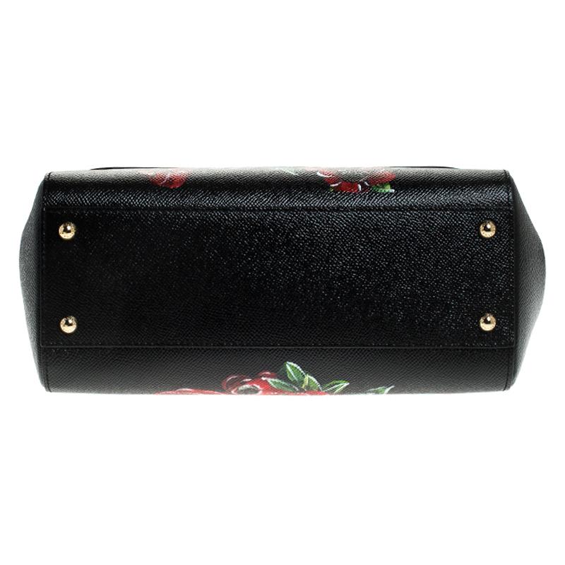 Dolce & Gabbana Black Floral Printed Leather Medium Miss Sicily Top Handle Bag 1
