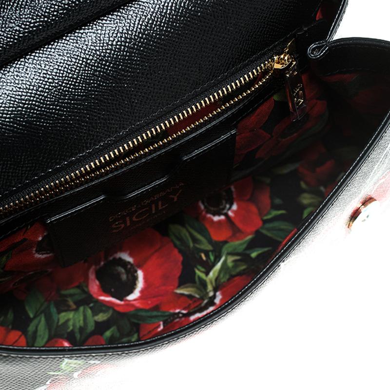 Dolce & Gabbana Black Floral Printed Leather Medium Miss Sicily Top Handle Bag 2
