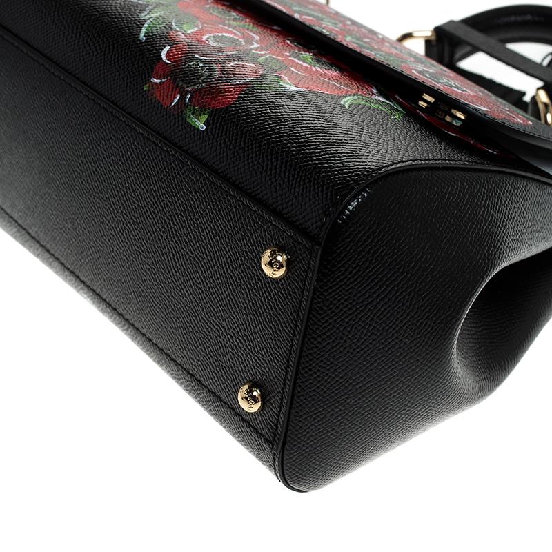 Dolce & Gabbana Black Floral Printed Leather Medium Miss Sicily Top Handle Bag 5