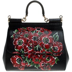 Dolce & Gabbana Black Floral Printed Leather Medium Miss Sicily Top Handle Bag