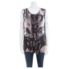 Dolce & Gabbana Black Floral Printed Sheer Silk Ruffled Applique SleevelessTop M
