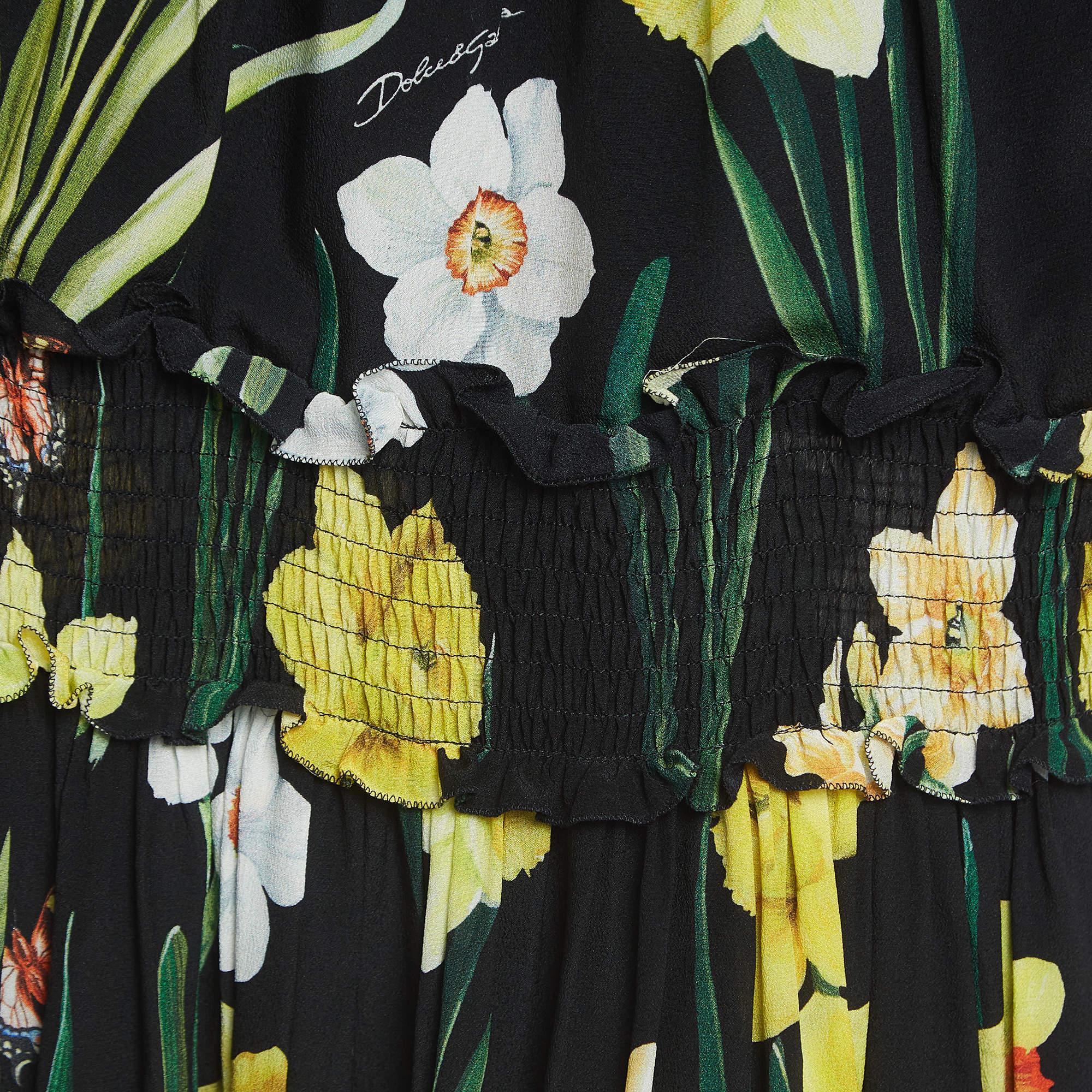 Noir Dolce & Gabbana - Robe en mousseline de soie noire à imprimé floral (9-10 ans) en vente