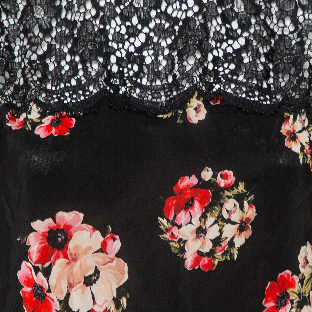 Women's Dolce & Gabbana Black Floral Printed Silk & Lace Paneled Top M