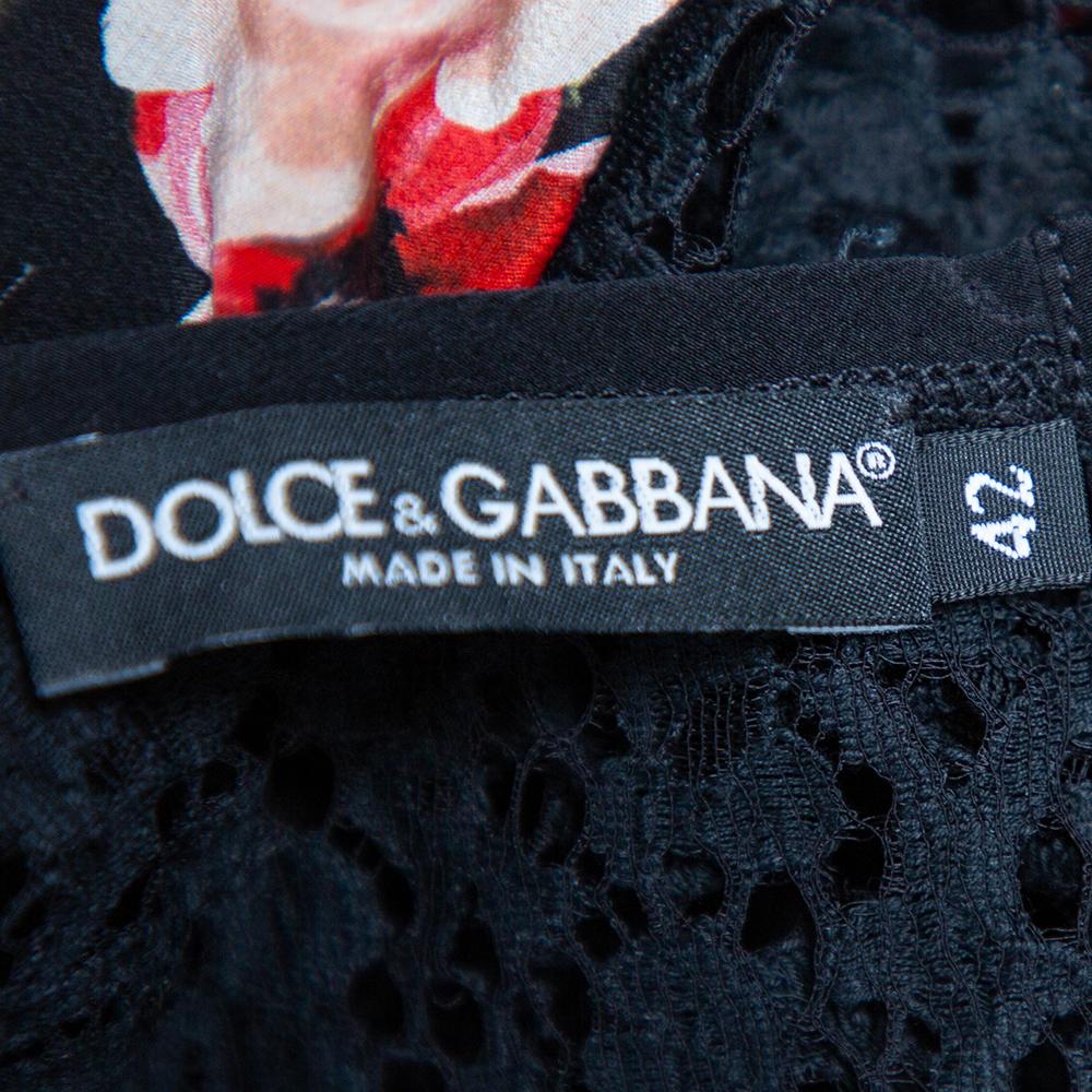 Dolce & Gabbana Black Floral Printed Silk & Lace Paneled Top M 1