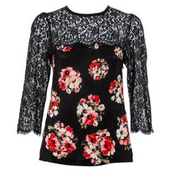 Dolce & Gabbana Black Floral Printed Silk & Lace Paneled Top M