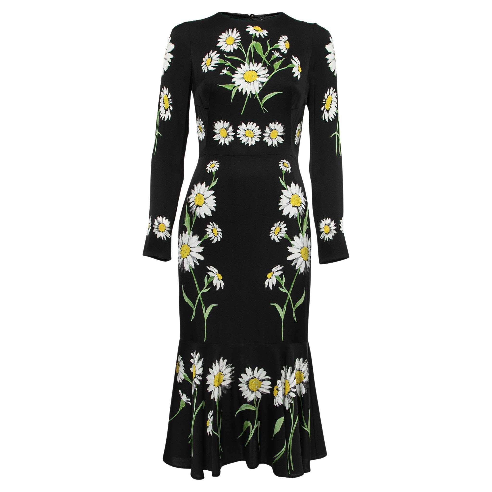 Dolce & Gabbana Black Floral Printed Silk Long Sleeve Dress M For Sale