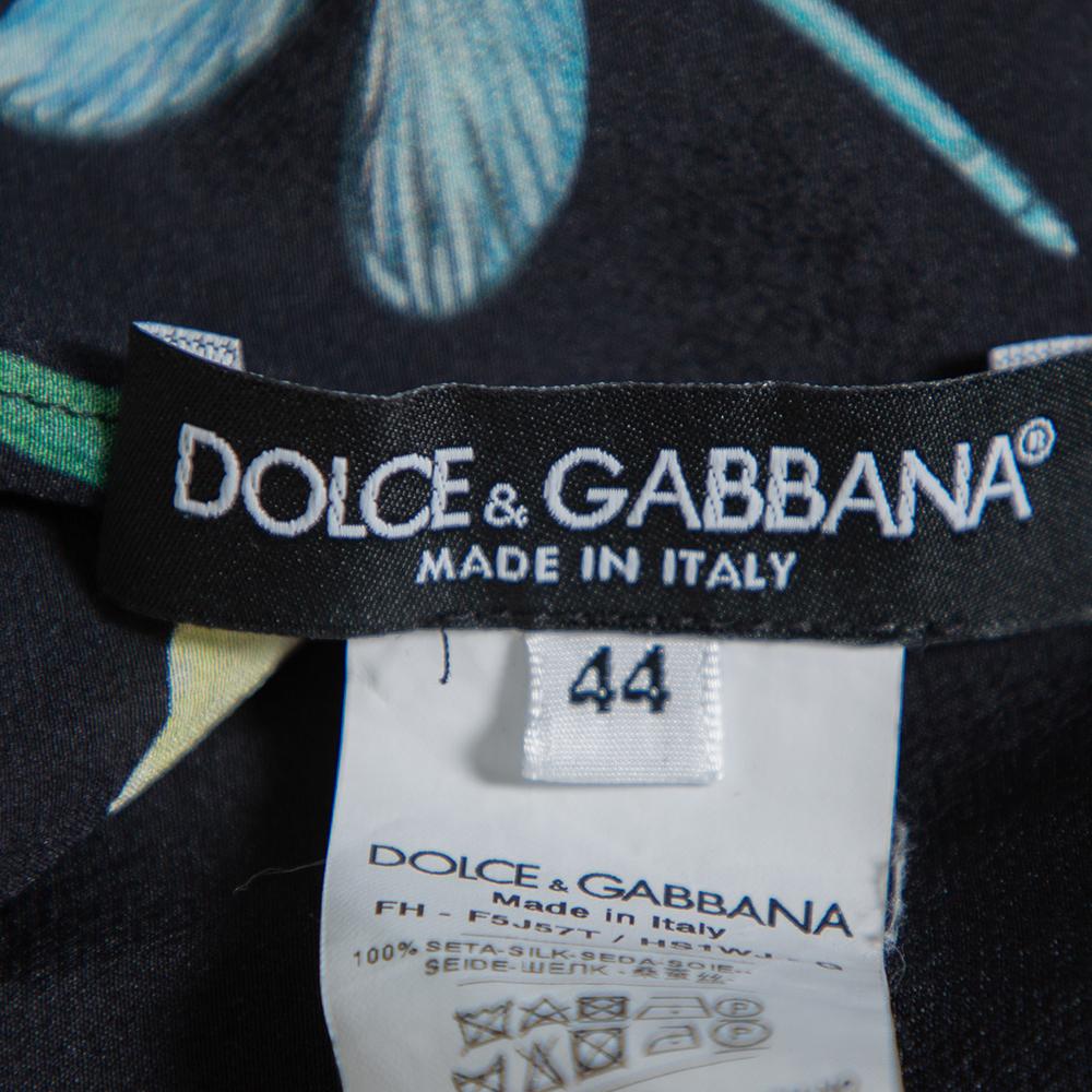 Dolce & Gabbana Black Floral Printed Silk Neck Tie Detail Top M 1