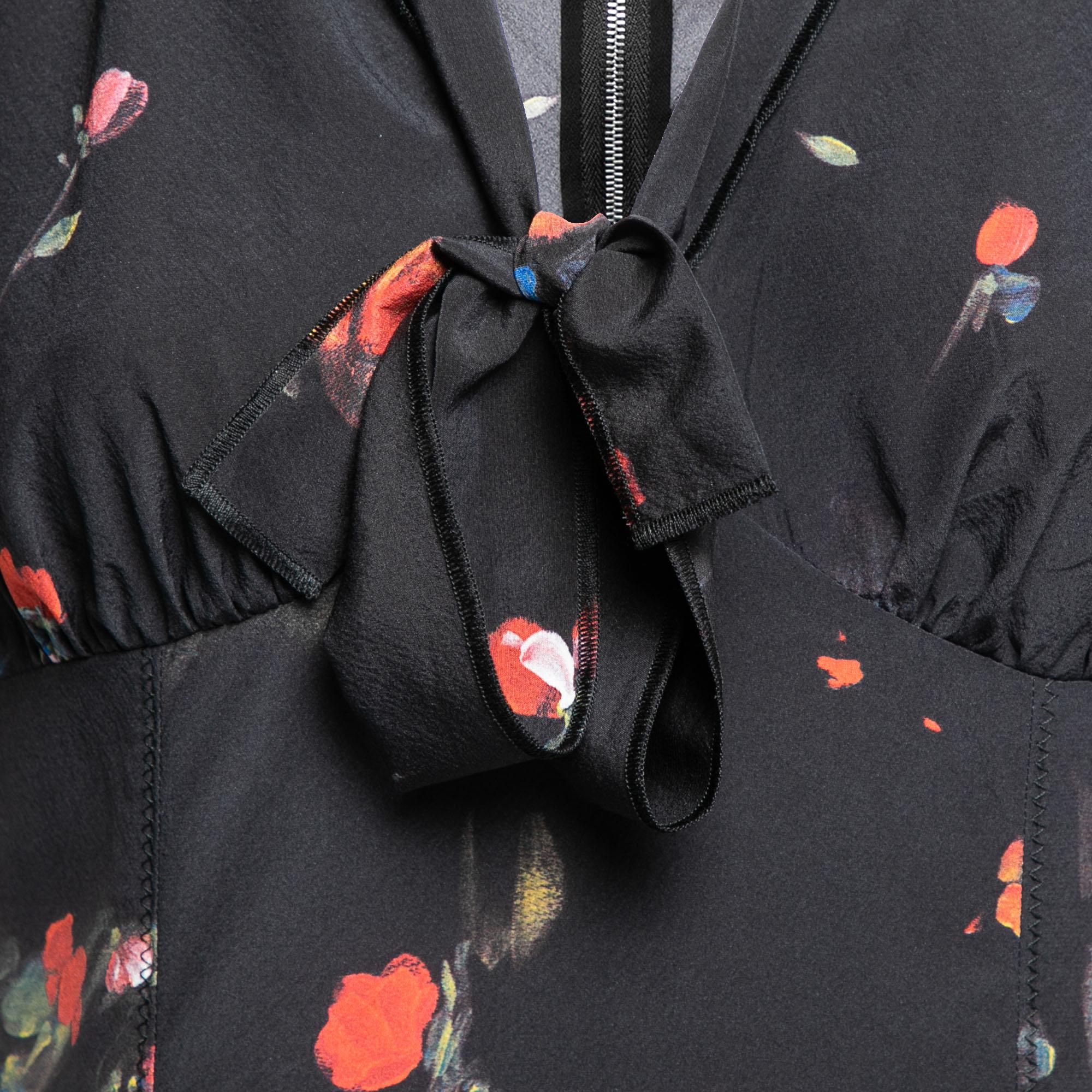 Dolce & Gabbana Black Floral Printed Silk Neck Tie Detailed Blouse M In Good Condition In Dubai, Al Qouz 2