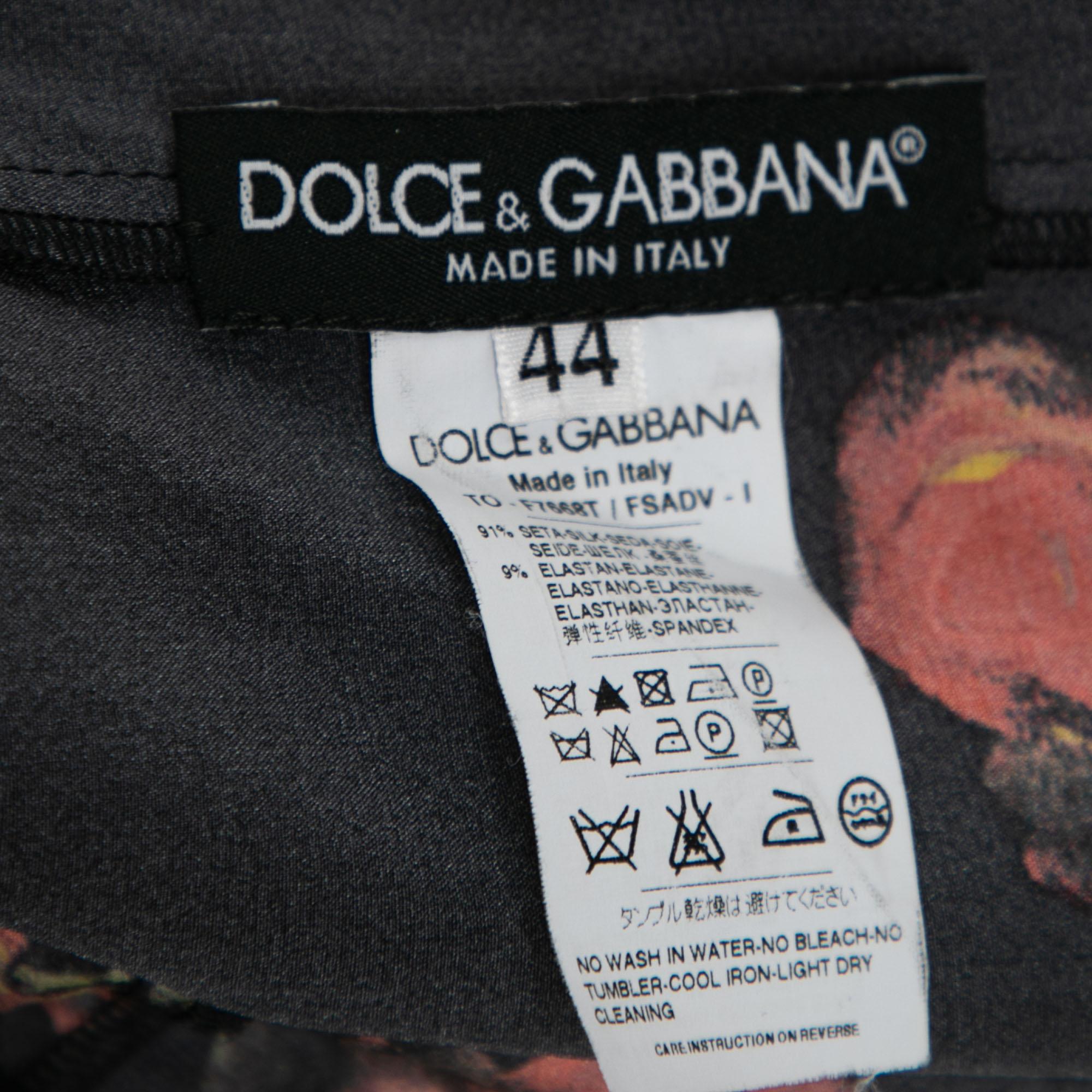 Dolce & Gabbana Black Floral Printed Silk Neck Tie Detailed Blouse M 1