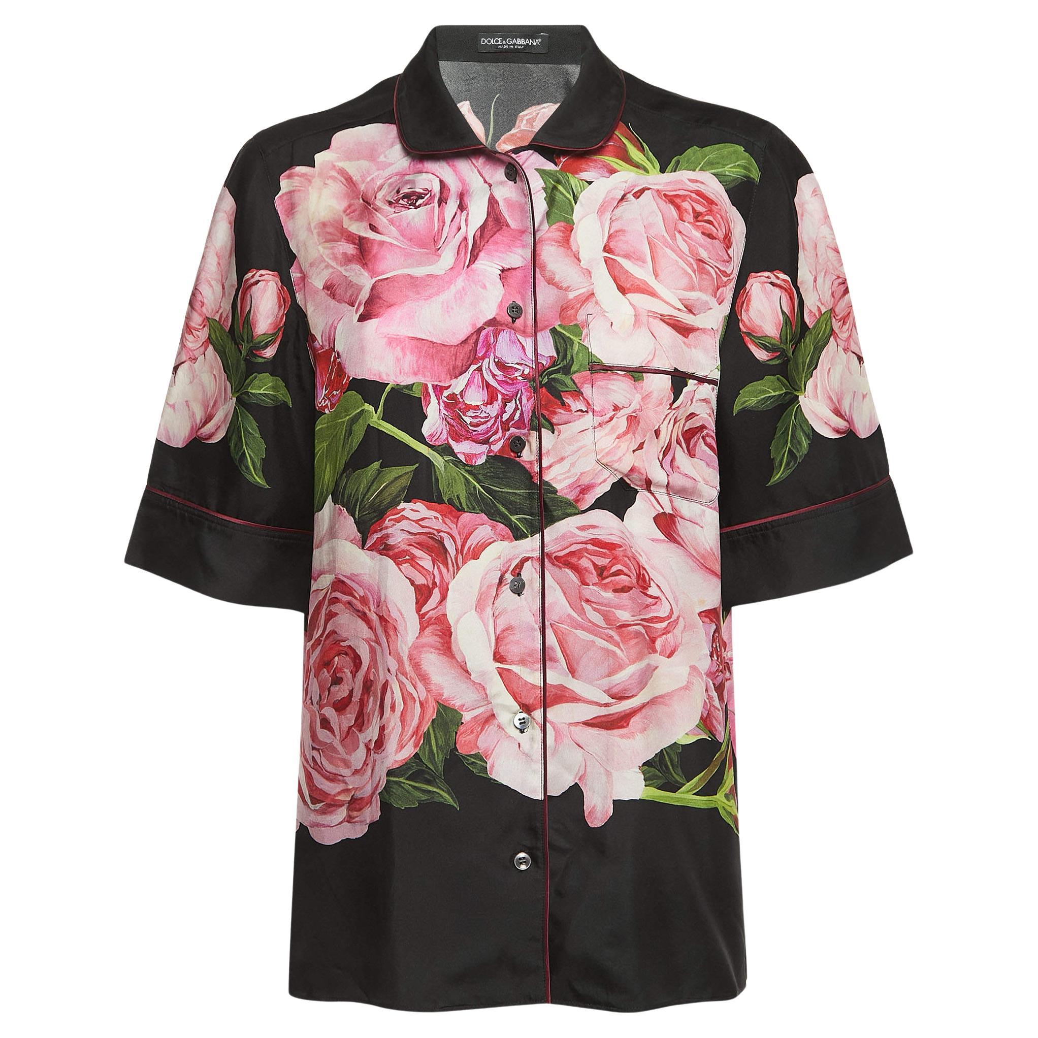 Dolce & Gabbana Schwarzes Pajama-Top aus bedruckter Seide mit Blumendruck S im Angebot