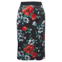 Dolce & Gabbana Black Floral Printed Stretch Satin Pencil Skirt L