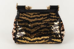 Dolce & Gabbana Black Foal Skin Sicily Bag with Sequins & Golden Metal Elements