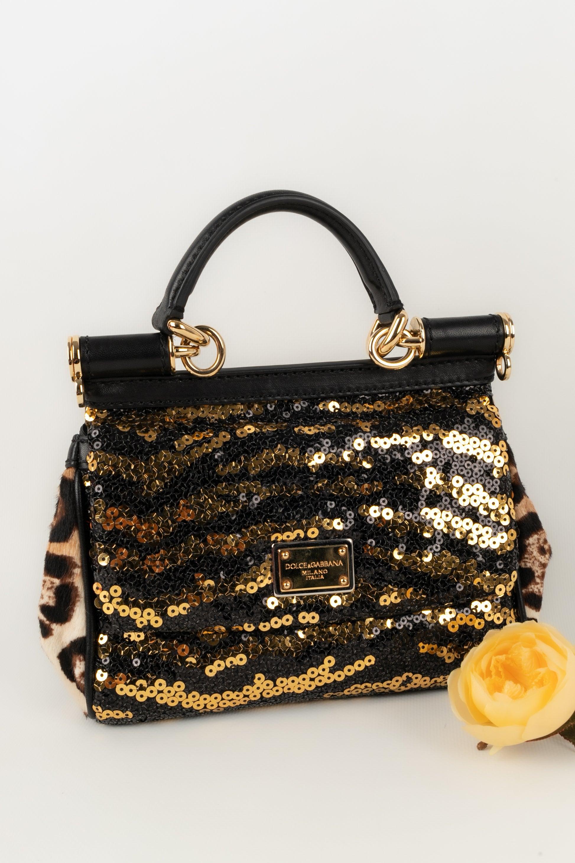 Dolce & Gabbana Black Foal Skin Sicily Bag with Sequins & Golden Metal Elements In Excellent Condition For Sale In SAINT-OUEN-SUR-SEINE, FR