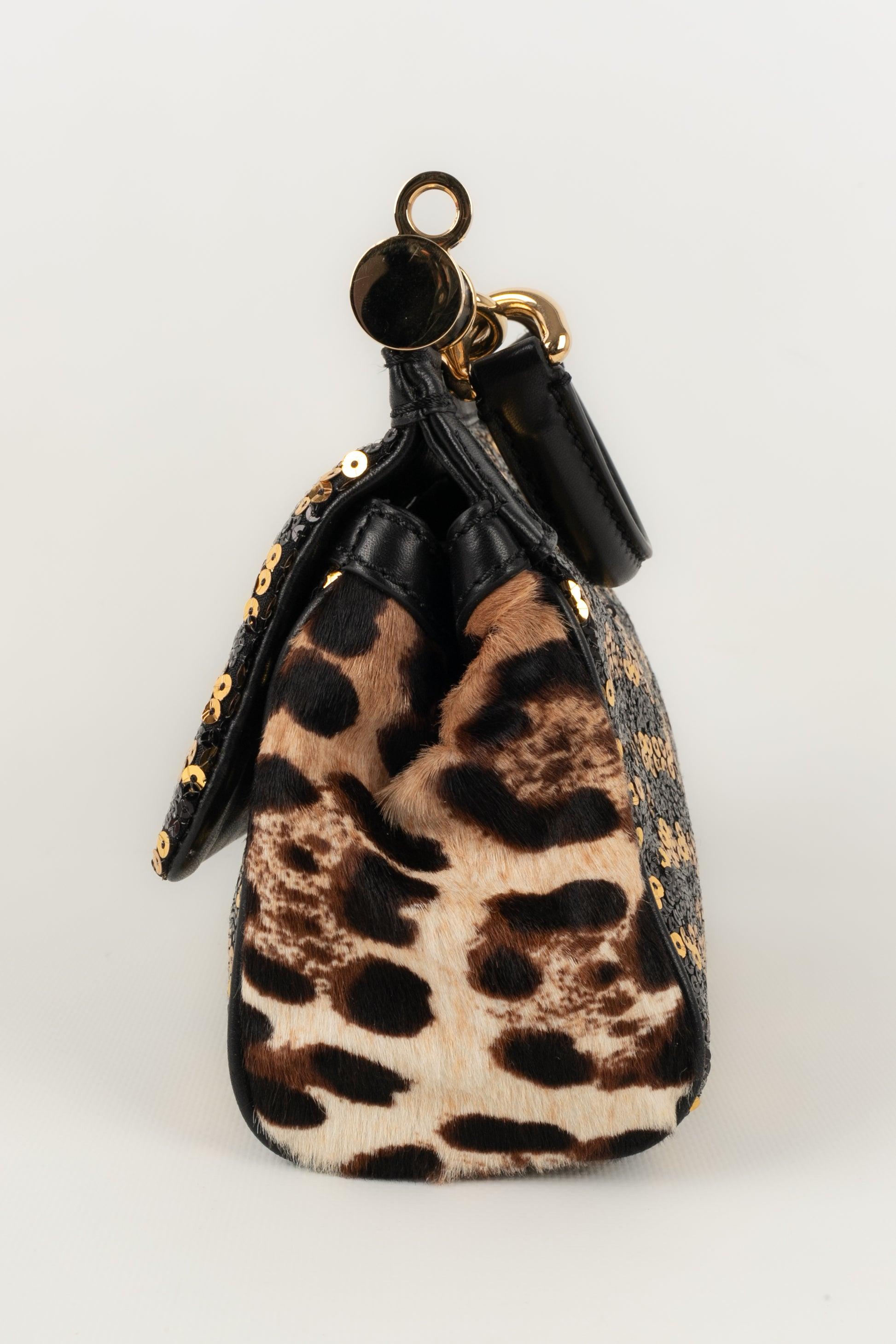 Women's Dolce & Gabbana Black Foal Skin Sicily Bag with Sequins & Golden Metal Elements For Sale