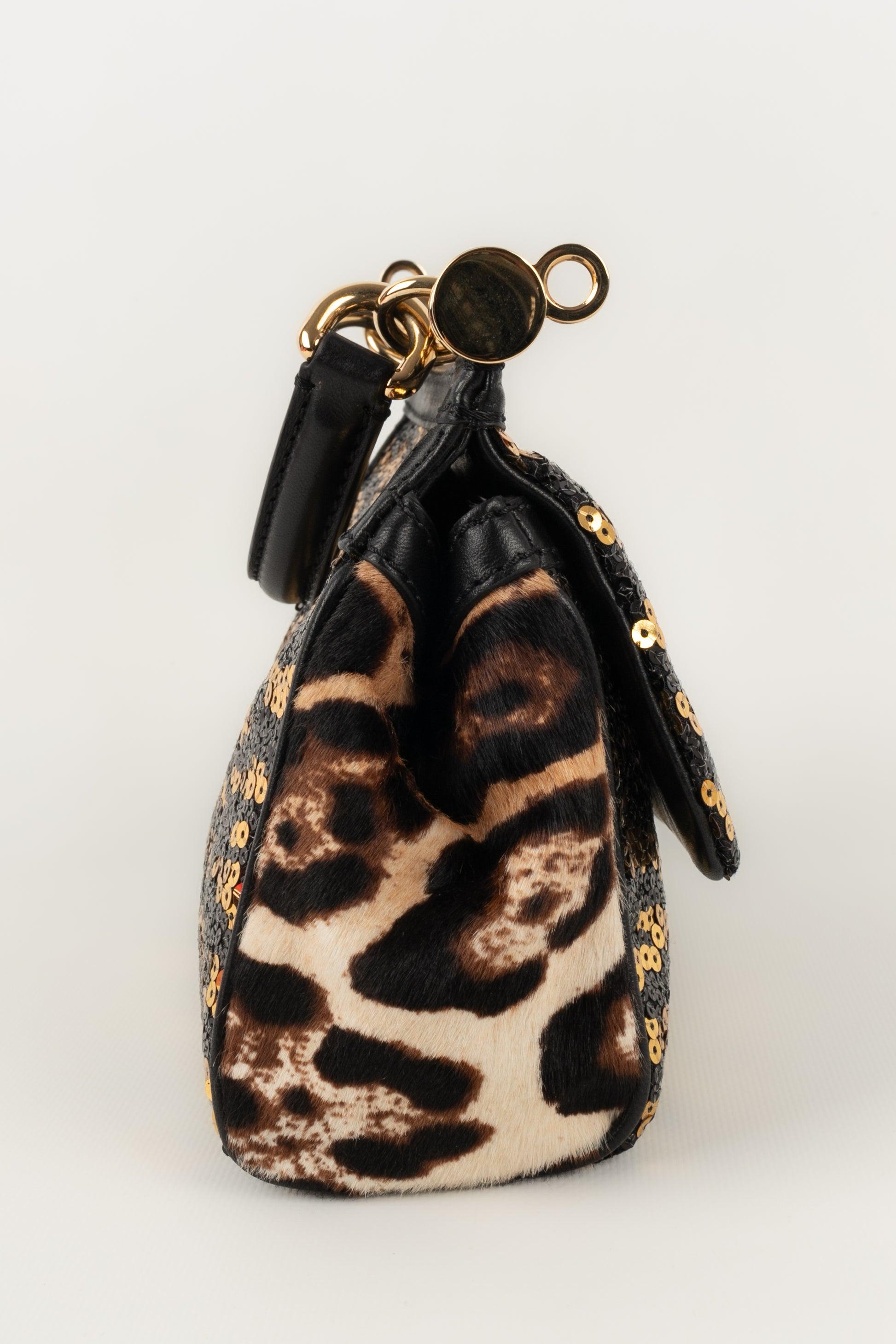 Dolce & Gabbana Black Foal Skin Sicily Bag with Sequins & Golden Metal Elements For Sale 1