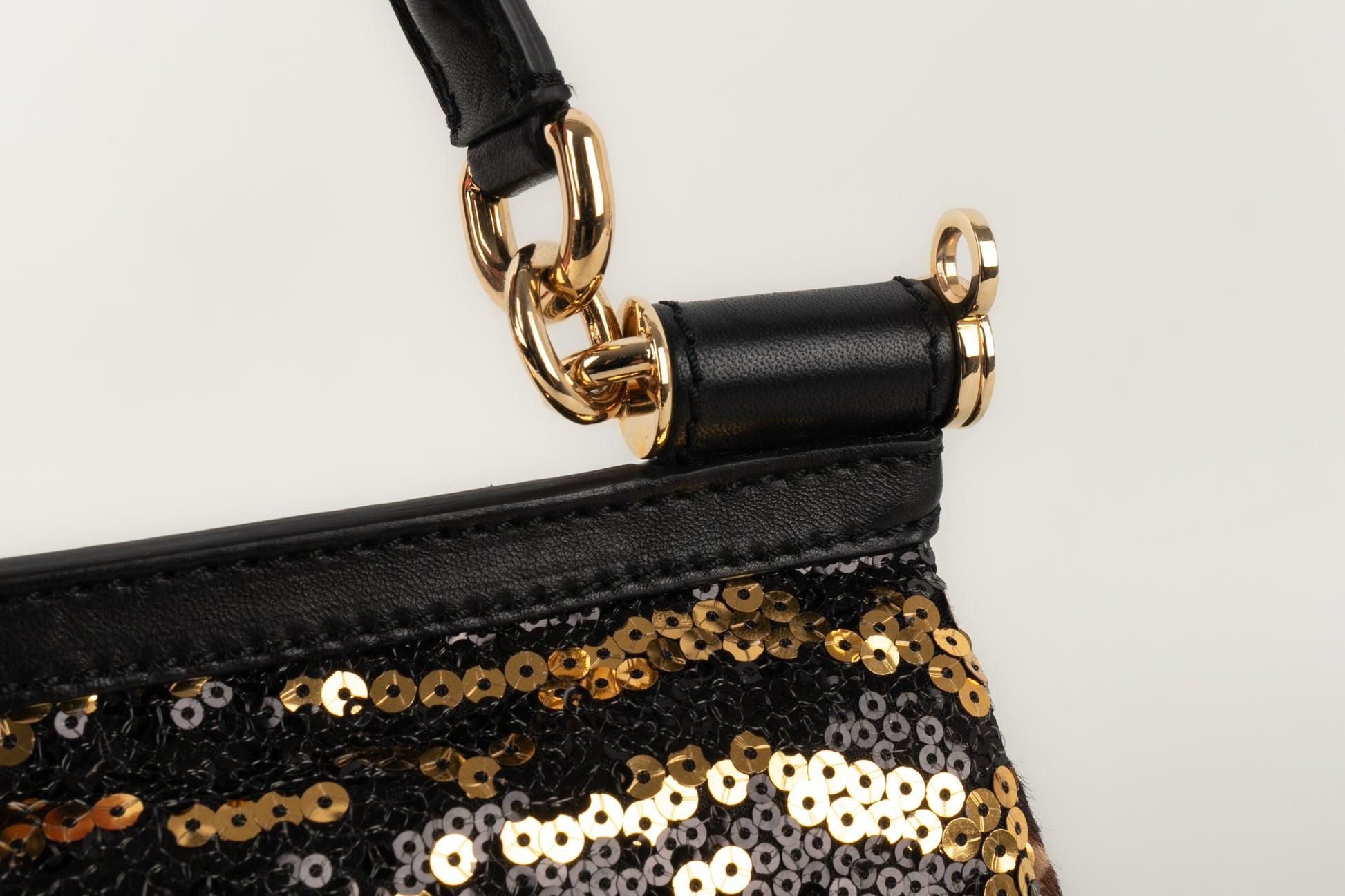 Dolce & Gabbana Black Foal Skin Sicily Bag with Sequins & Golden Metal Elements For Sale 3