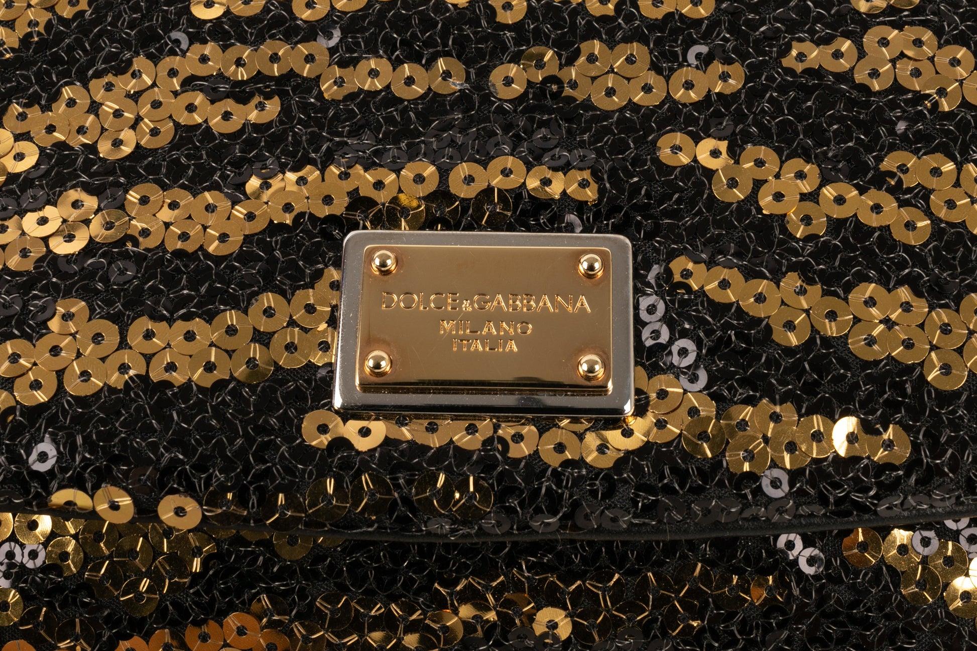 Dolce & Gabbana Sac Sicily en peau de poulain noire avec paillettes et éléments métalliques dorés en vente 3