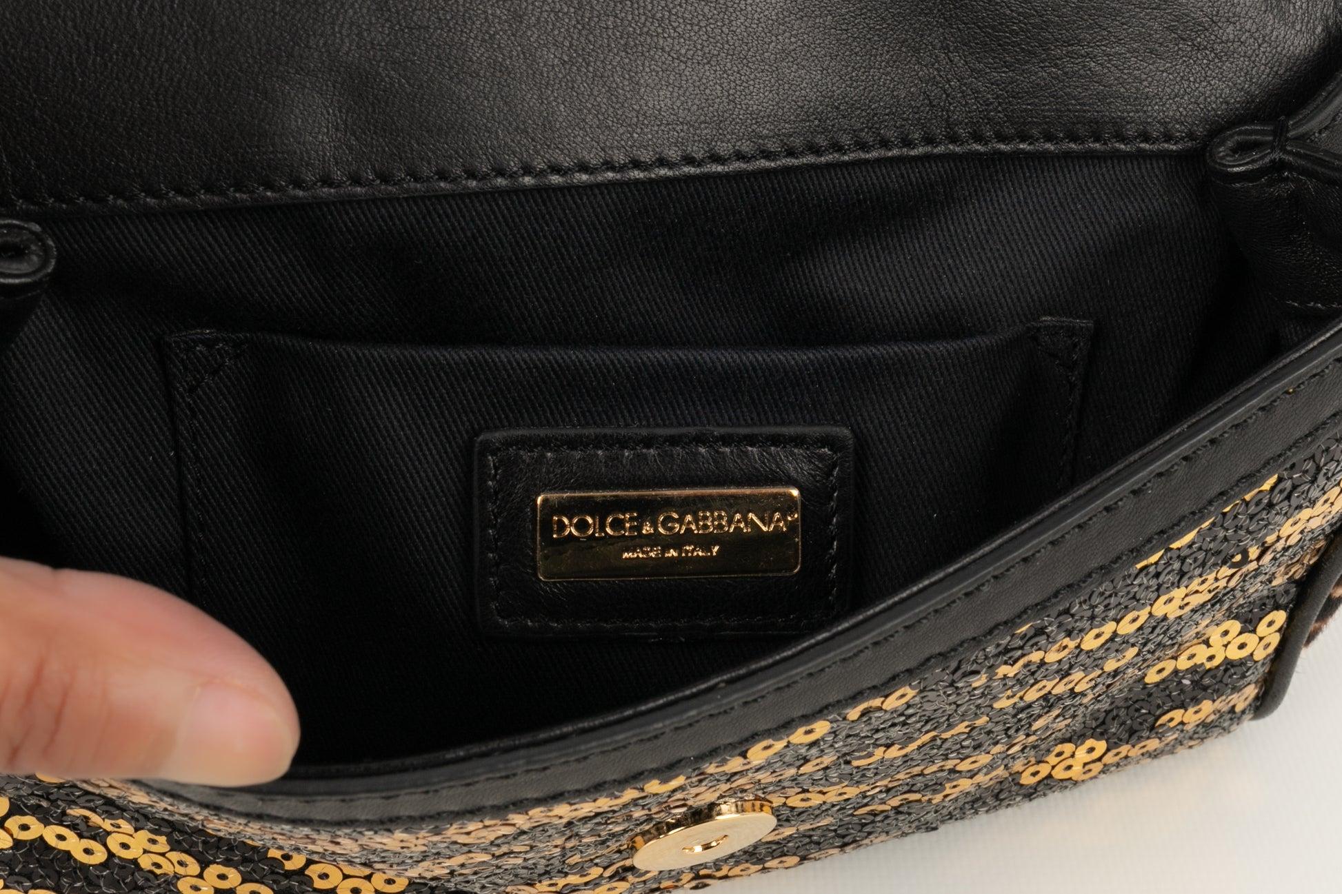 Dolce & Gabbana Black Foal Skin Sicily Bag with Sequins & Golden Metal Elements For Sale 5