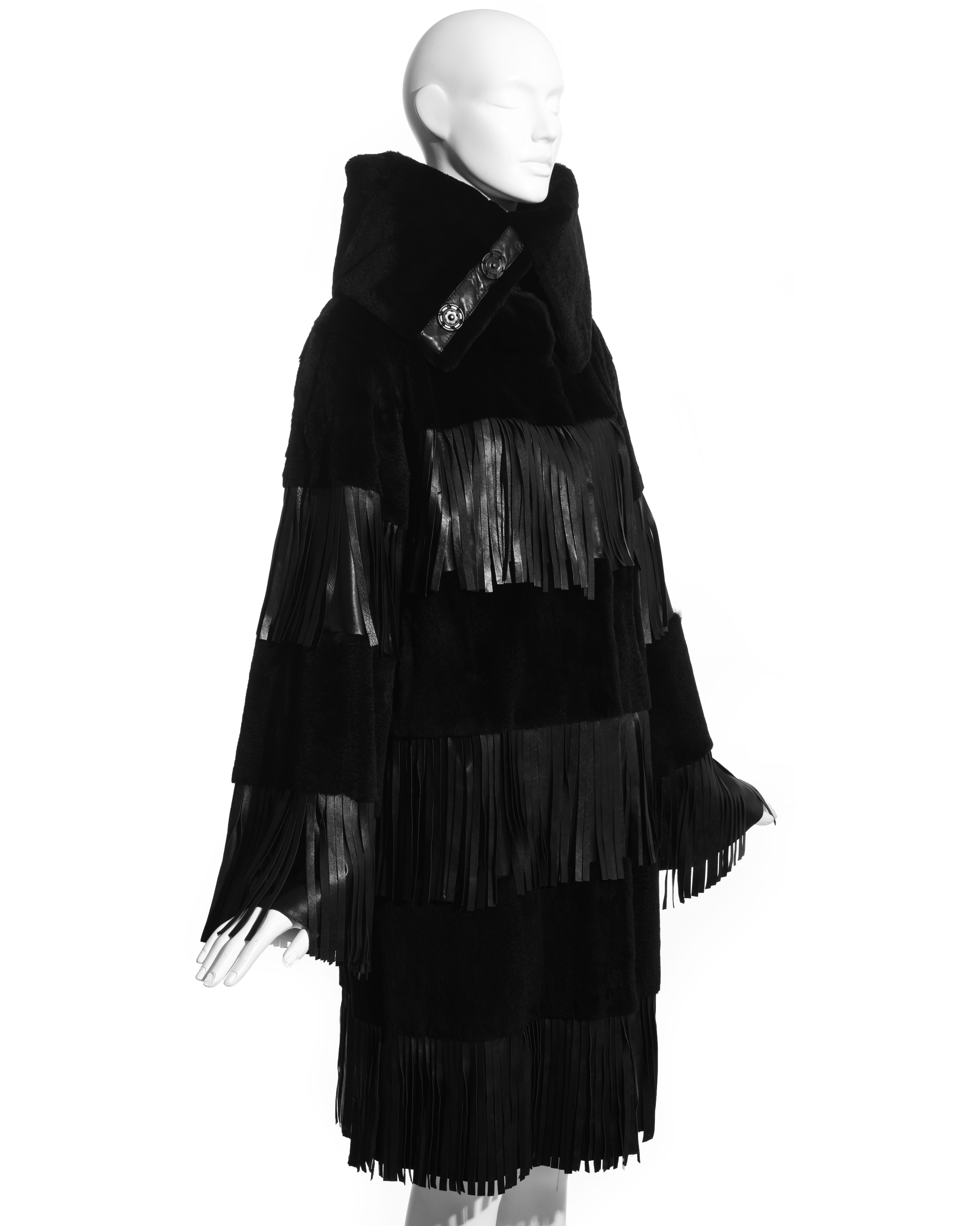 Women's Dolce & Gabbana black fur and leather fringed coat, fw 2003 For Sale