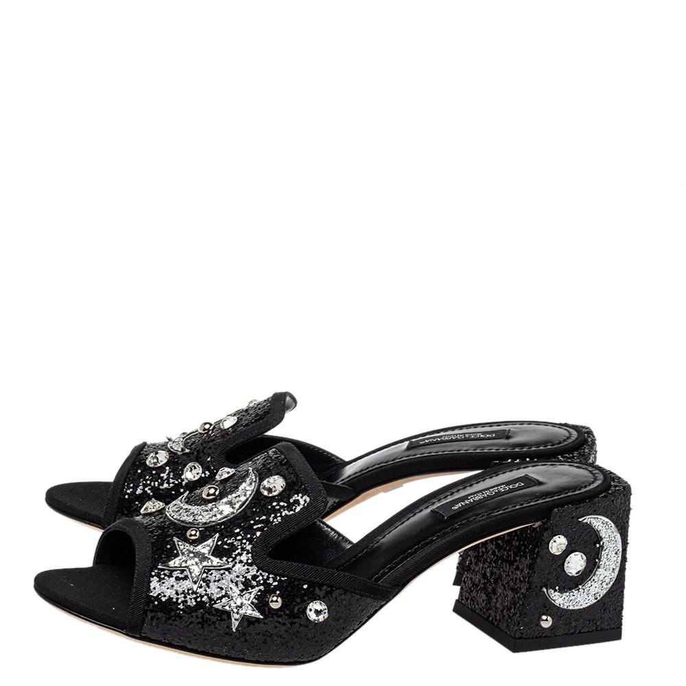 Women's Dolce & Gabbana Black Glitter Bianca Star And Moon Slide Sandals Size 38