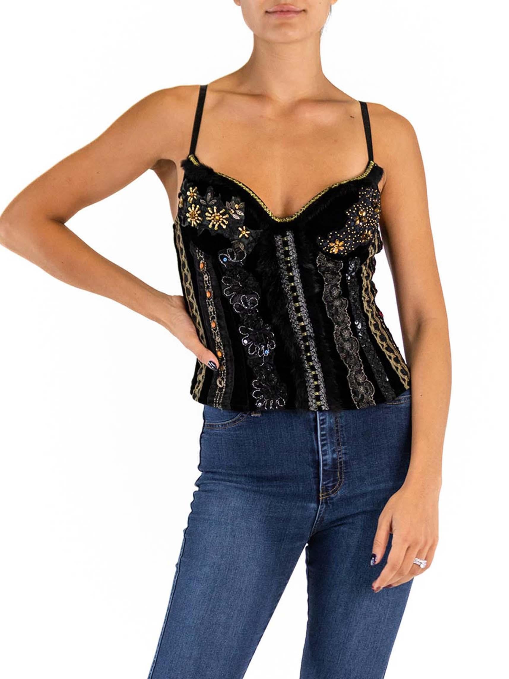 Dolce & Gabbana - Corset en velours de polyester perlé noir et or en vente 2