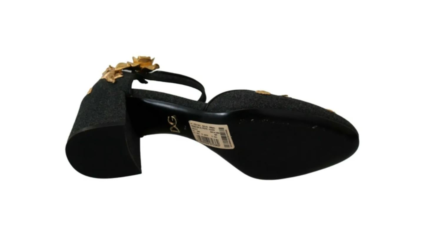 Dolce & Gabbana Black Gold Canvas Shoes Ankle Strap Sandals Baroque Angel  In New Condition In WELWYN, GB