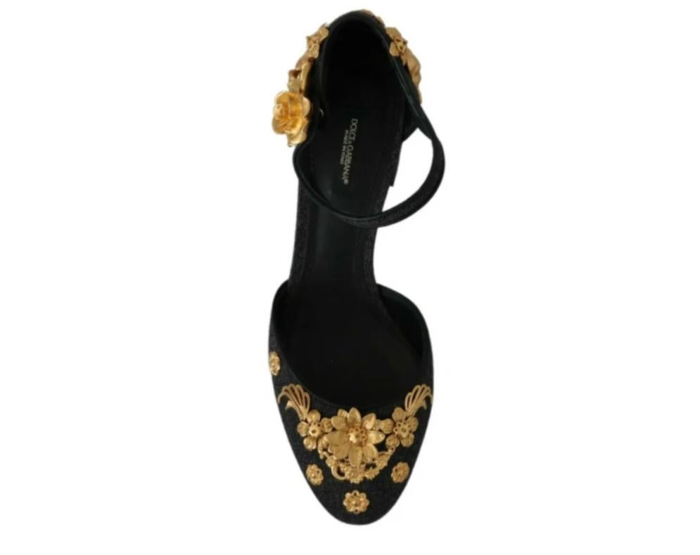 Women's Dolce & Gabbana Black Gold Canvas Shoes Ankle Strap Sandals Baroque Angel 