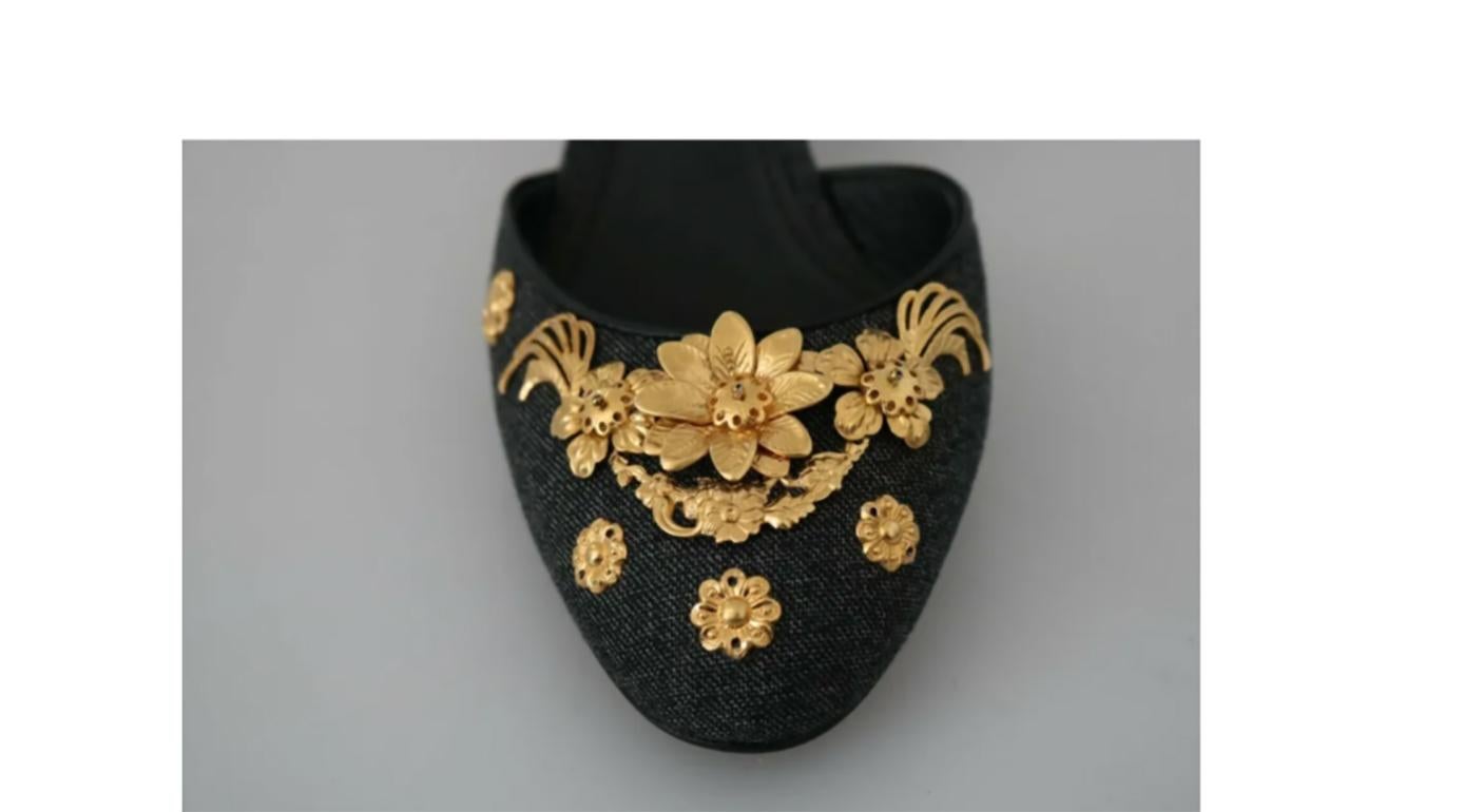Dolce & Gabbana Black Gold Canvas Shoes Ankle Strap Sandals Baroque Angel  1