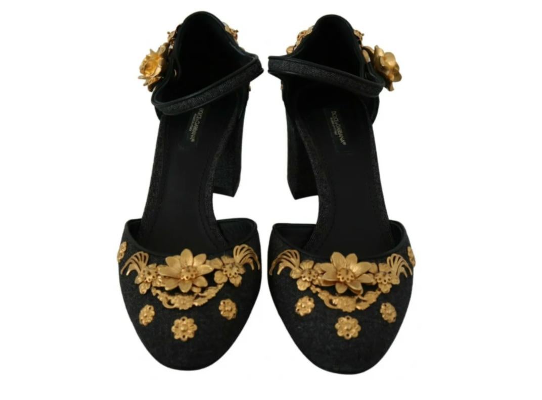 Dolce & Gabbana Black Gold Canvas Shoes Ankle Strap Sandals Baroque Angel  3